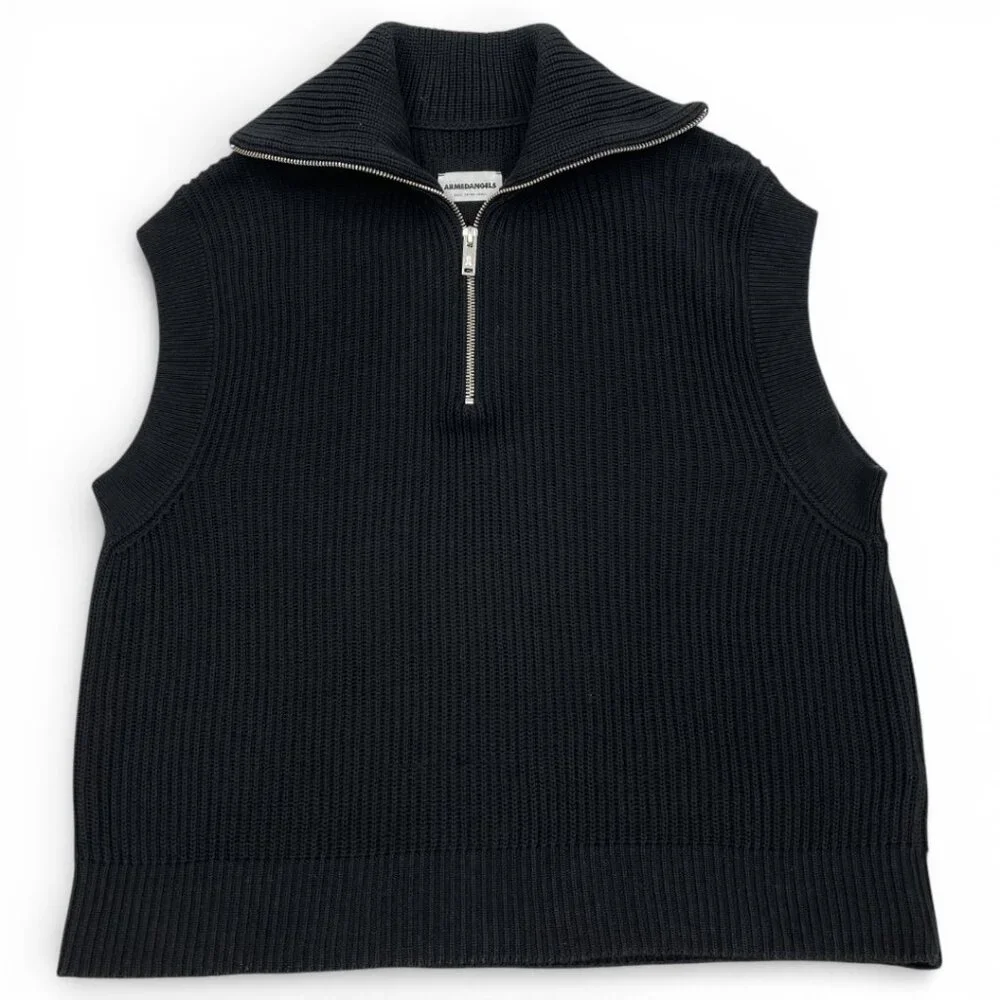 Armedangels Aylaa Sleeveless Sweater Ribbed Black Knit Vest Zip Collar Women XS - Picture 10 of 10